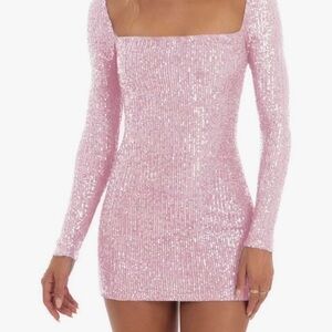 Amazon Pink Sequin Square Neck Long Sleeve Mini Dress